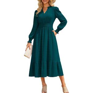 Grace Karin Womens XL Maxi Dress Teal Long Sleeve V-Neck Smocked Waist